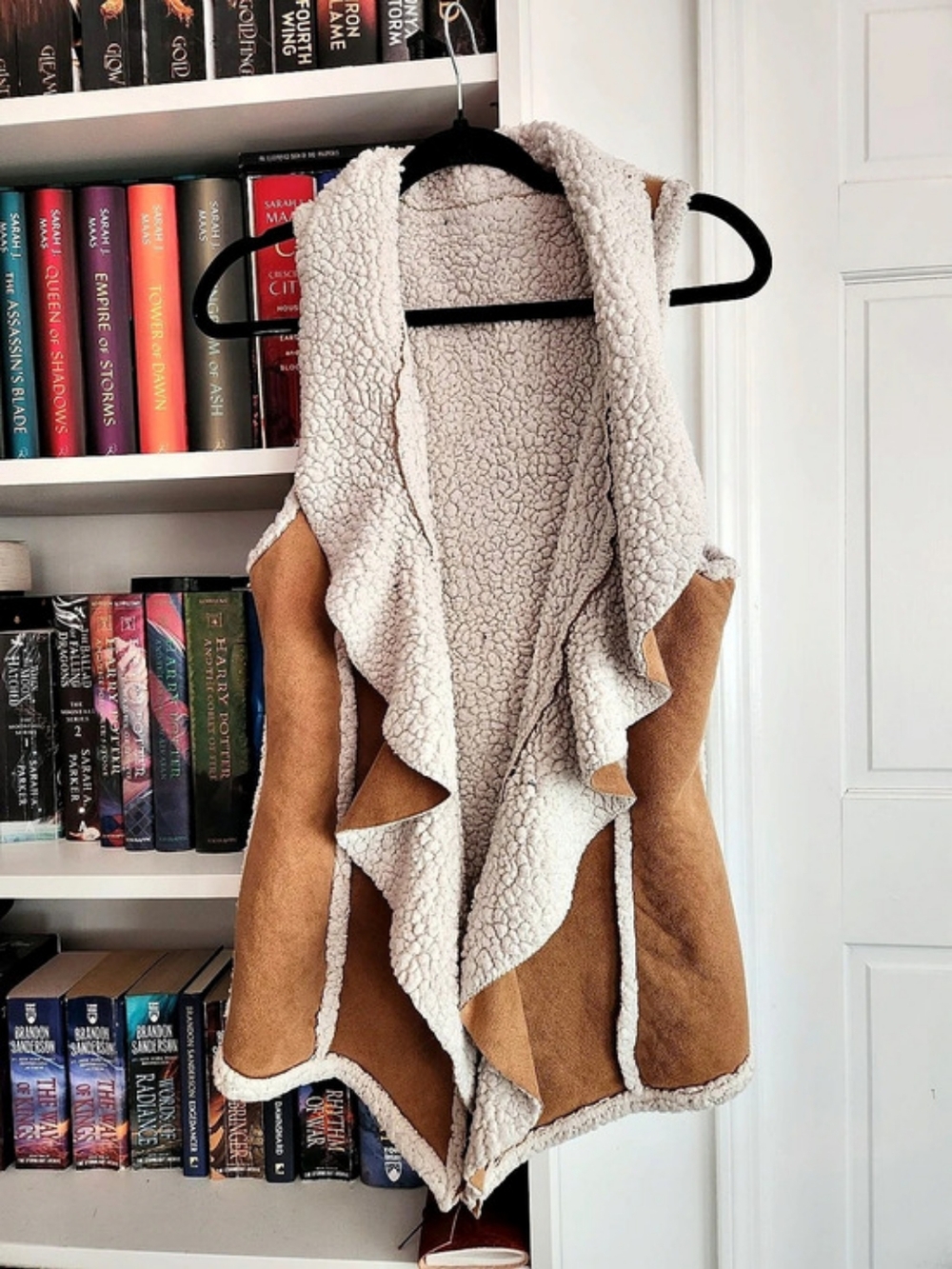 Faux Shearling Hooded Vest in Brown & Cream Like New